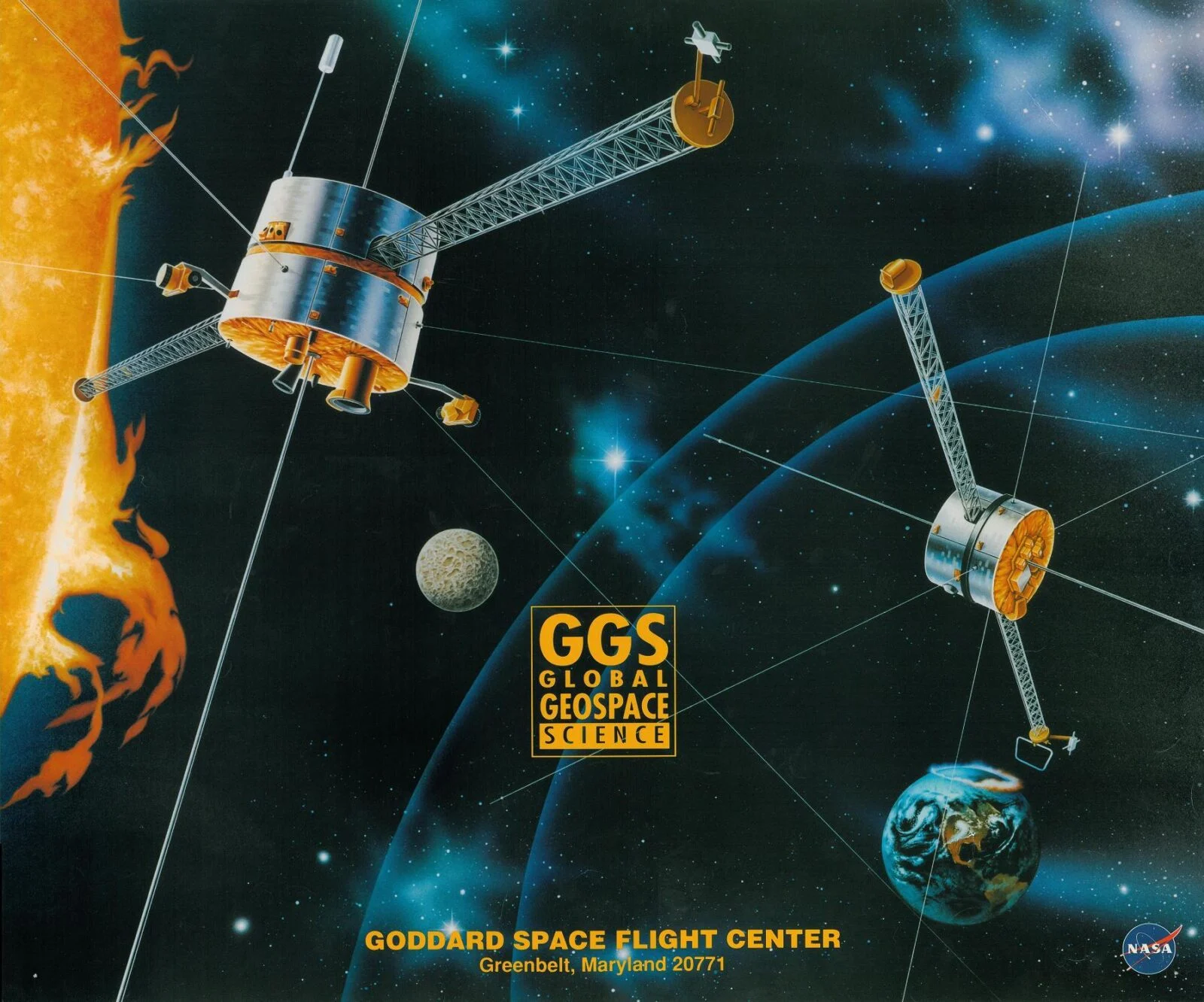 Pôster oficial da missão NASA Wind, destacando o satélite em órbita, com um fundo que simboliza o vento solar e a interação com o campo magnético da Terra. O design moderno e dinâmico transmite a missão científica da NASA de explorar os ventos solares e seu impacto no ambiente espacial, enquanto o logotipo da missão é exibido com destaque, representando a inovação e a importância do estudo do espaço.