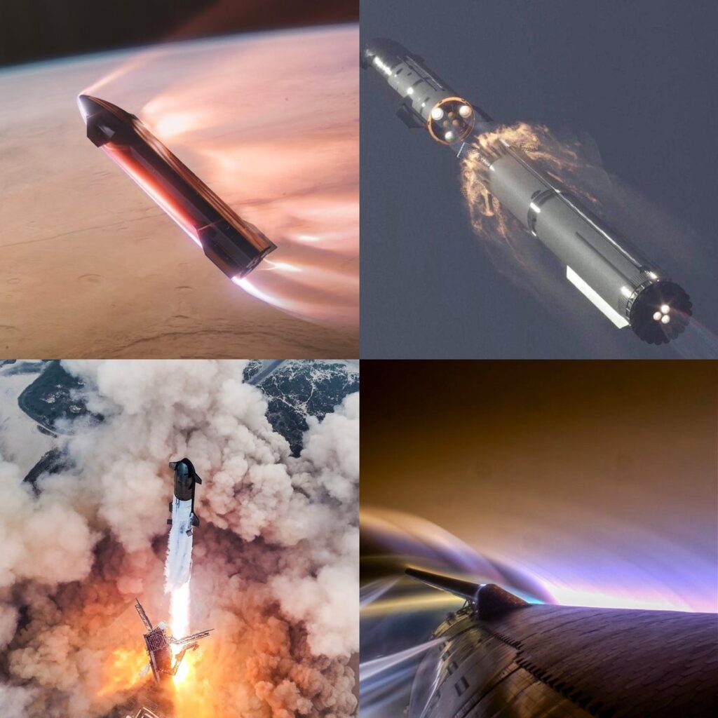 Montagem com quatro imagens do Starship durante o Teste de Voo 6 da SpaceX, mostrando o veículo em diferentes fases do lançamento, reentrada e controle aerodinâmico, com efeitos de plasma e colunas de exaustão visíveis.