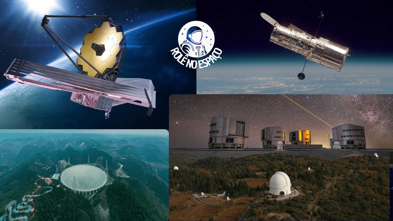 Imagem com vários telescópios astronômicos, incluindo o Telescópio Espacial Hubble, o Telescópio Espacial James Webb, o Radiotelescópio de Arecibo e o ALMA, com o logo do site centralizado entre eles. A foto simboliza a colaboração global em astronomia, reunindo alguns dos mais avançados instrumentos para a exploração do universo