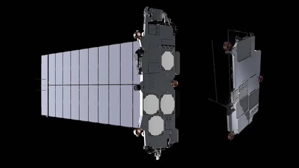 Imagem 3D detalhada de um satélite Starlink da SpaceX, destacando seus painéis solares e conexões. A foto mostra o satélite em alta resolução, com ênfase nos painéis solares que captam energia e nas antenas que formam a rede de comunicação global. As conexões entre os satélites são ilustradas, simbolizando como a constelação Starlink cria uma rede interconectada para fornecer internet de alta velocidade ao redor do mundo. O design futurista e a estrutura avançada do satélite são visíveis, representando o impacto da tecnologia espacial moderna.