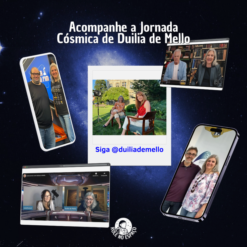 Montagem de fotos de Duilia de Mello com várias figuras públicas. A primeira imagem mostra Duilia no programa de Pedro Bial, sorrindo com o apresentador. Na segunda, ela está com Poliana Abritta no programa Fantástico. A terceira foto mostra Duilia ao lado de Sérgio Sacani, especialista em astronomia. A quarta imagem é com o professor César Lenzi, reconhecido por sua contribuição acadêmica. E, por fim, Duilia aparece com Nedi Oliveira, destacando suas interações com colegas e personalidades do universo científico e da mídia.