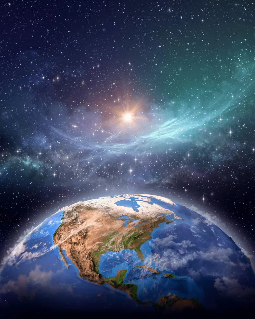 planeta Terra, com destaque para os continentes e oceanos, enquanto ao fundo a luz do Sol ilumina parcialmente o planeta, criando um efeito de brilho ao redor da curva da