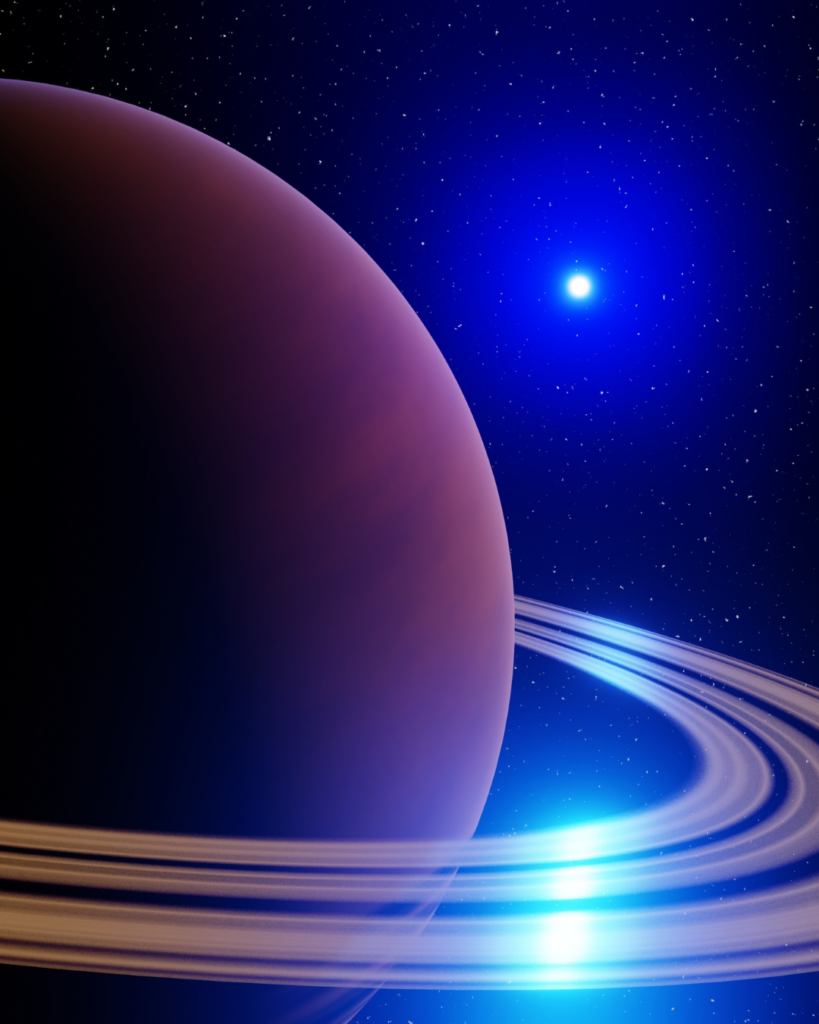 Na lista de planetas do sistema solar o planeta Saturno, vem destacando seus anéis icônicos e luas, com um fundo espacial estrelado, permitindo uma visão detalhada da sua estrutura e composição.