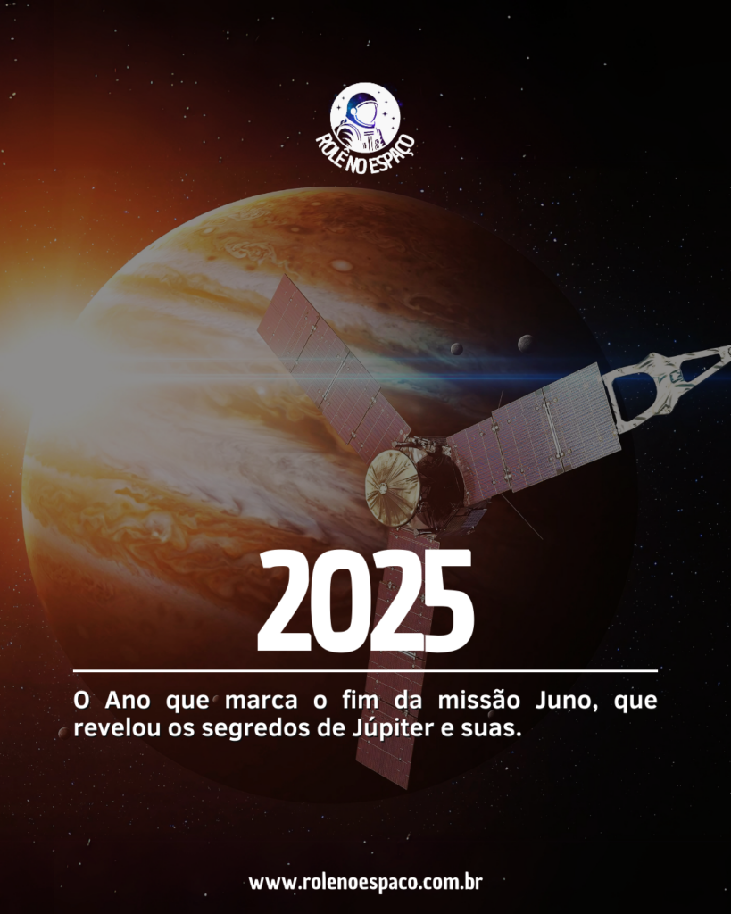 Arte conceitual destacando o possível fim da missão Juno em 2025, com a sonda sendo direcionada para a atmosfera de Júpiter. A imagem ilustra Juno se aproximando do gigante gasoso, simbolizando sua destruição planejada para evitar a contaminação de luas como Europa, que são alvos de futuras missões em busca de vida