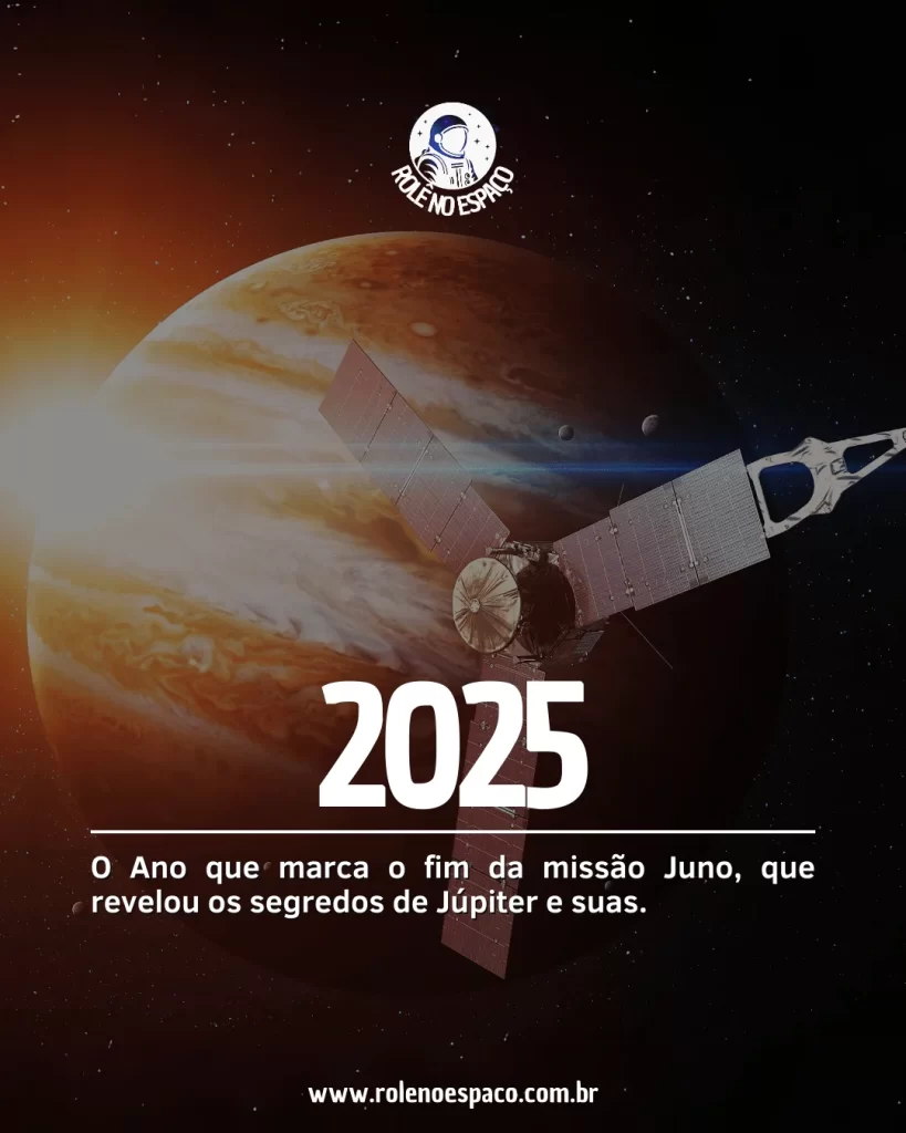 Arte conceitual destacando o possível fim da missão Juno em 2025, com a sonda sendo direcionada para a atmosfera de Júpiter. A imagem ilustra Juno se aproximando do gigante gasoso, simbolizando sua destruição planejada para evitar a contaminação de luas como Europa, que são alvos de futuras missões em busca de vida