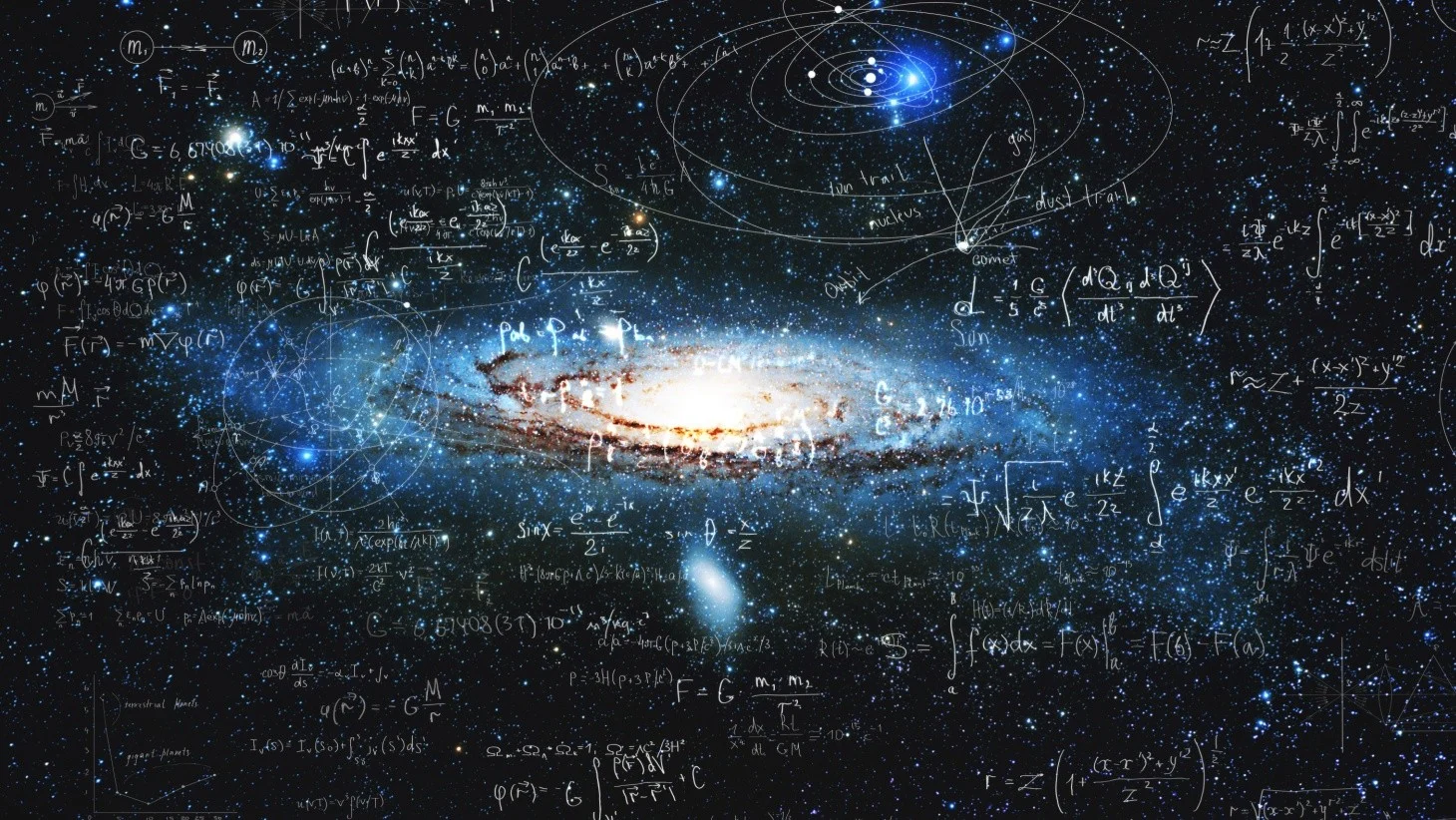 Representação artística da Via Láctea com várias fórmulas matemáticas e físicas escritas em cores brancas, representando a conexão entre a astronomia e os conceitos fundamentais da matemática e da física que explicam o funcionamento do universo. Rolê no Espaço Astronomia