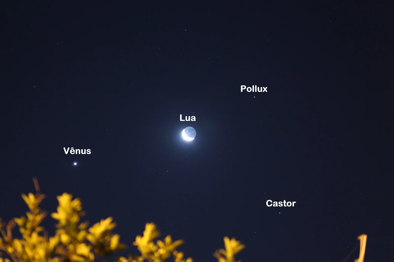 Vista da Terra para o céu, onde é possível observar a Lua, o planeta Vênus, popularmente conhecido como Estrela-d'alva, e as estrelas Pollux e Castor. O céu noturno está claro, com as estrelas visíveis e a Lua brilhando, enquanto Vênus se destaca como um ponto luminoso próximo ao horizonte