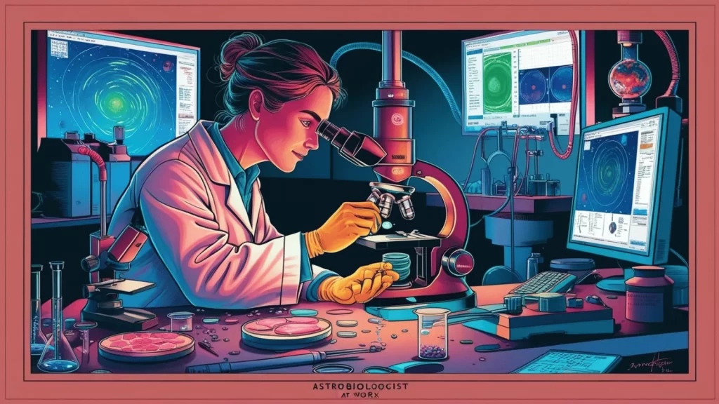 Desenho artístico de uma cientista observando através de um microscópio em um laboratório de alta tecnologia. Ao redor dela, monitores exibem dados sobre galáxias, simbolizando a pesquisa astrobiológica e a busca por sinais de vida extraterrestre no cosmos