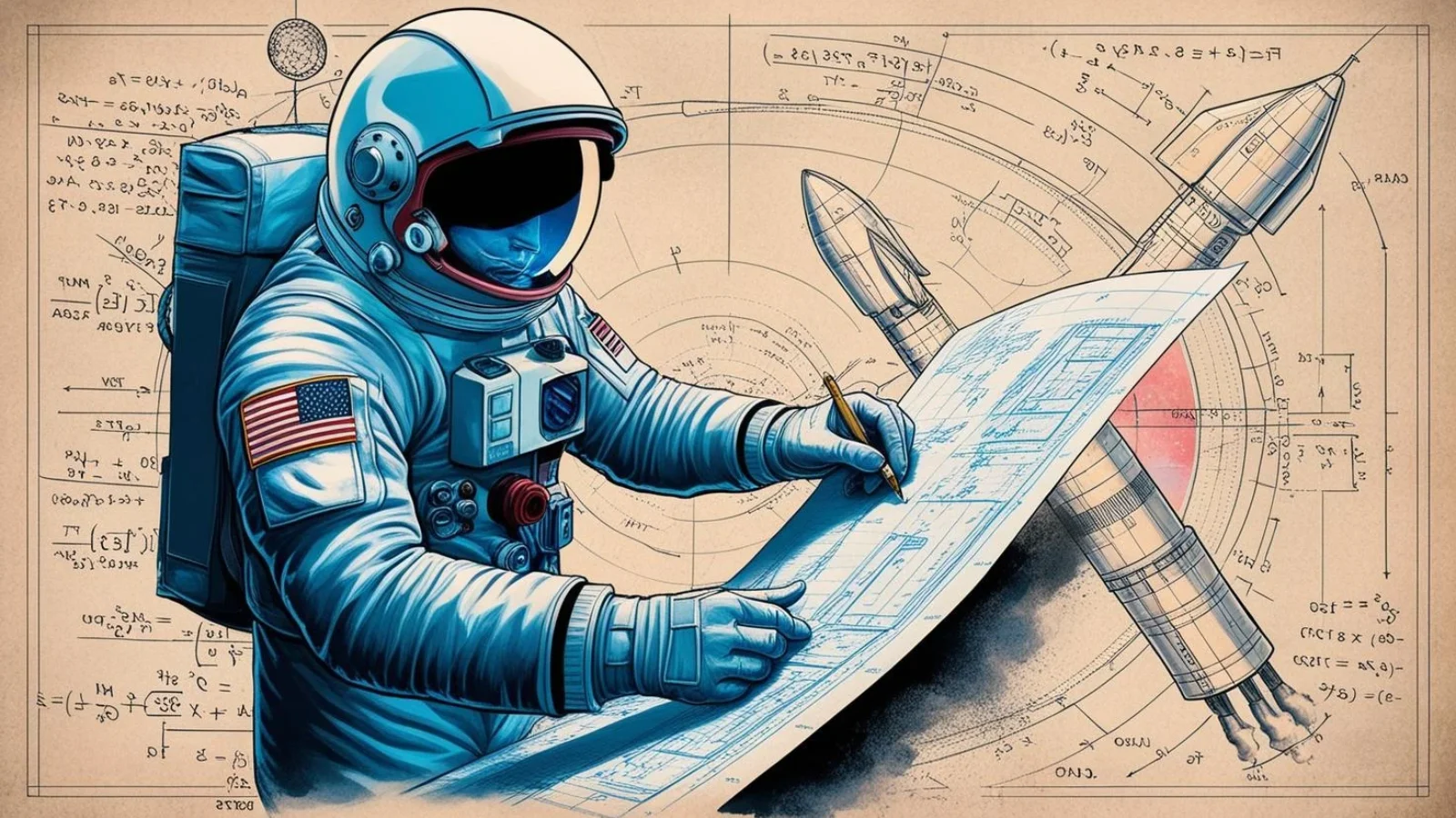 Ilustração artística de um astronauta olhando um projeto (blueprint) relacionado à astronáutica, com cálculos de física e esboços de foguetes ao fundo. A imagem simboliza o planejamento e desenvolvimento de missões espaciais, destacando o papel fundamental da engenharia e da física no avanço da exploração espacial.