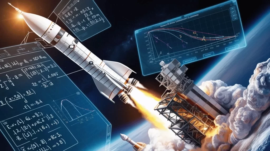 Representação artística de um foguete branco subindo ao espaço, com a plataforma de lançamento visível ao fundo. Ao lado do foguete, aparecem dados e cálculos de física, simbolizando o processo científico e técnico envolvido na exploração espacial e nos lançamentos de foguetes