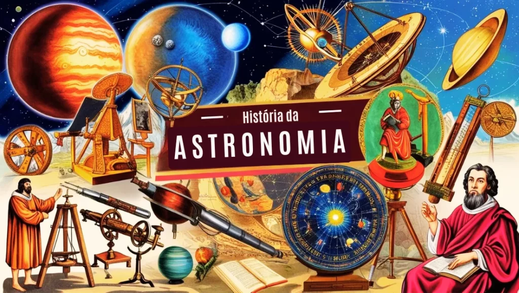 história da astronomia, com uma composição que inclui planetas do Sistema Solar, figuras de astrônomos icônicos como Galileu Galilei e Copérnico, além de satélites modernos em órbita. A imagem mostra a evolução do conhecimento astronômico, desde observações antigas até a exploração espacial contemporânea, simbolizando o progresso humano na compreensão do universo.