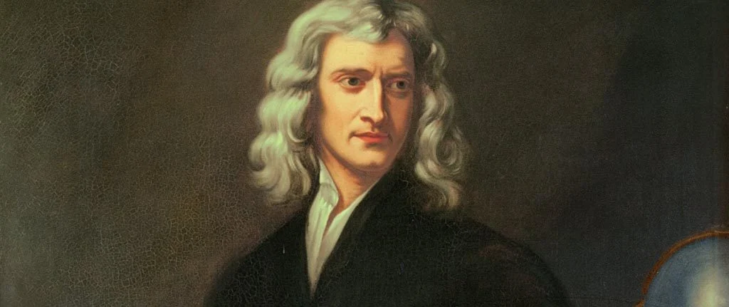 Pintura em tela de Isaac Newton, retratado de perfil com um olhar sério. A imagem transmite a profundidade e o foco de sua mente brilhante, refletindo sua importância na história da ciência e seus revolucionários estudos sobre a gravitação e as leis do movimento.