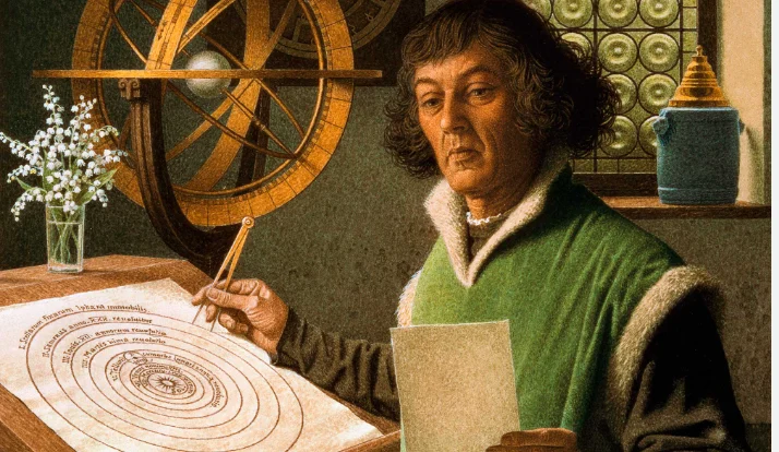 Ilustração de Nicolau Copérnico sentado à mesa, concentrado em suas anotações sobre o sistema solar. Ele segura um compasso em uma mão e um bloco de anotações na outra, como se estivesse analisando seus cálculos. Sobre a mesa, há um copo com água e pequenas flores brancas, adicionando um toque delicado à cena. Seu olhar reflete estudo e contemplação, destacando sua dedicação à astronomia.