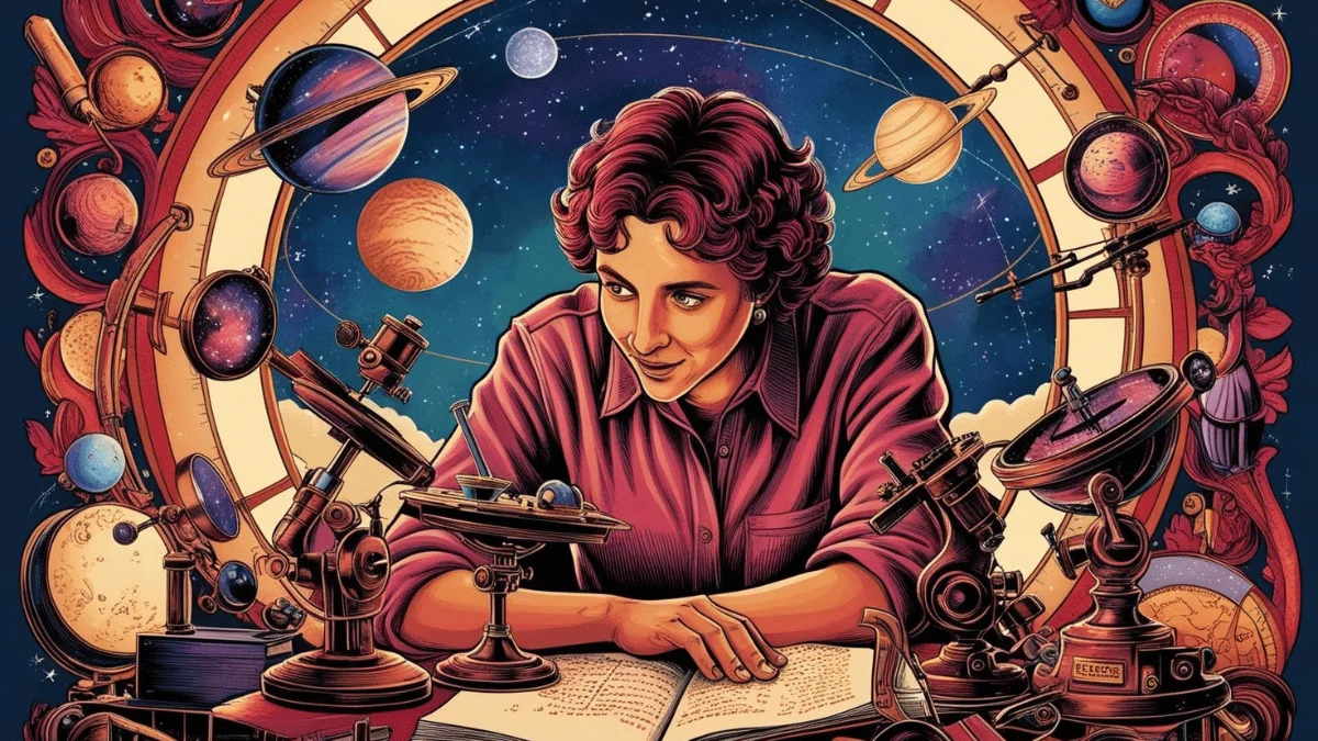 Figura feminina sentada em uma mesa repleta de livros de astronomia, telescópios, mapas celestes e equipamentos científicos, com uma expressão de concentração e curiosidade. Ao fundo, uma janela mostrando o céu estrelado, simbolizando a busca por respostas sobre o universo e a importância do estudo da astronomia