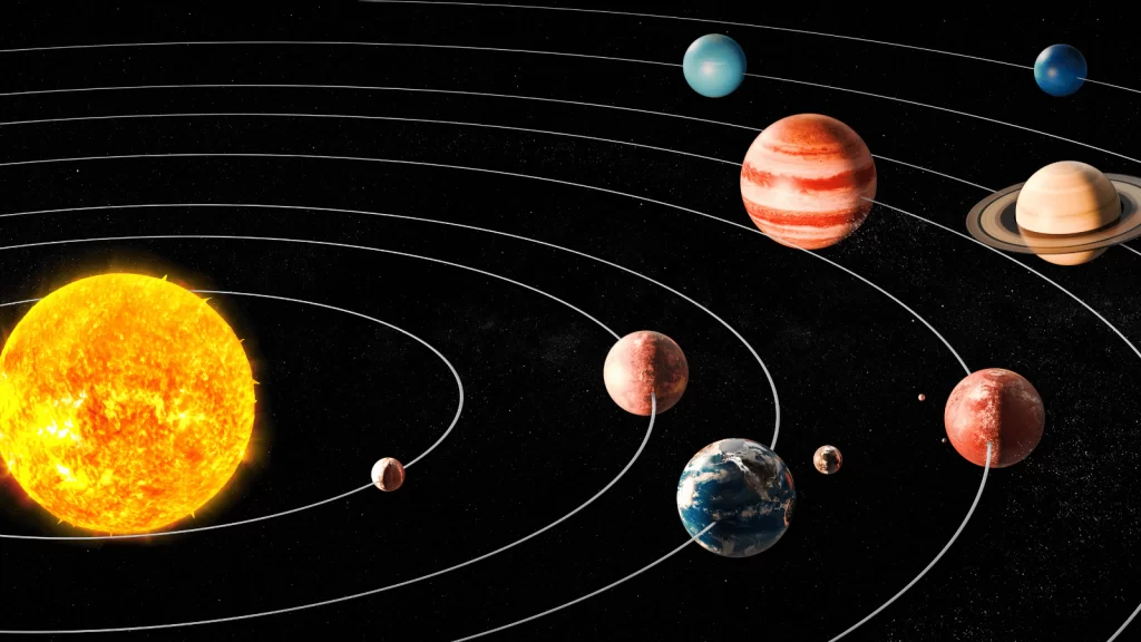  Representação artística em realidade aumentada (RA) do sistema solar, mostrando os planetas orbitando o Sol em escala proporcional. Cada planeta exibe detalhes realistas, como a atmosfera de Júpiter, os anéis de Saturno e a superfície rochosa de Marte. A imagem destaca a disposição das órbitas e a grandiosidade do espaço sideral, proporcionando uma visão educativa e envolvente do nosso sistema planetário.