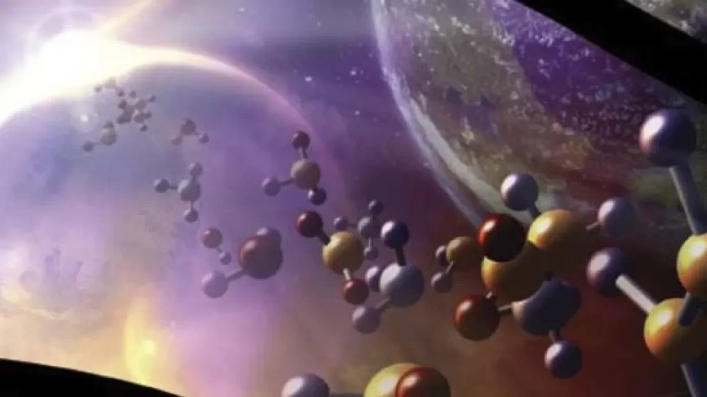 Ilustração 3D de uma hélice de DNA flutuando pelo cosmo, representando a busca por vida extraterrestre na astrobiologia. A imagem simboliza a exploração científica de como a vida pode se formar e existir em outros planetas, com o DNA sendo uma possível chave para entender a biologia cósmica.