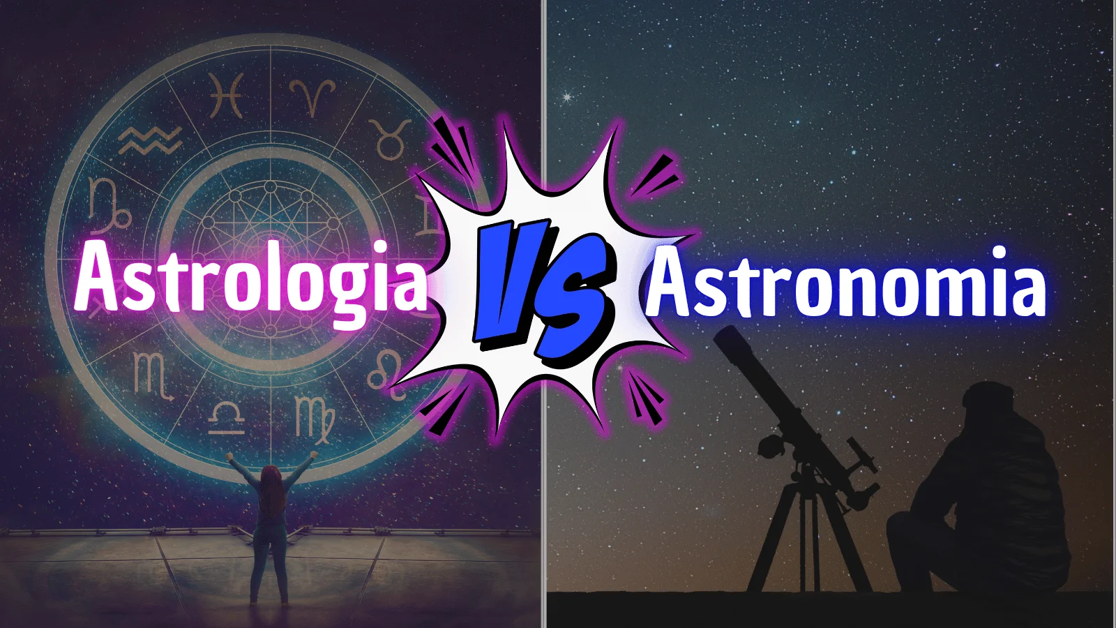 à esquerda, o símbolo representando a astrologia; à direita, um céu estrelado com uma pessoa observando as estrelas através de um telescópio, ilustrando a diferença entre astronomia e astrologia.