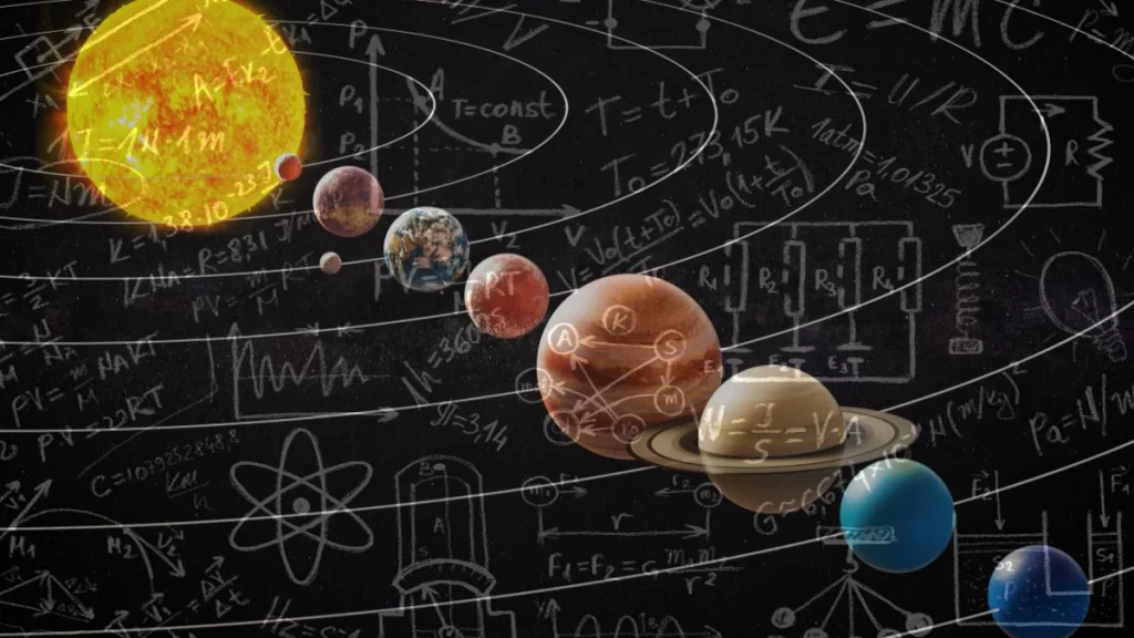 trabalho artístico imagem do sistema solar com rabiscos brancos representando fórmulas matemáticas e desenhos astronômicos, ilustrando conceitos de Astronomia Teórica, com gráficos e equações relacionadas ao estudo do cosmos