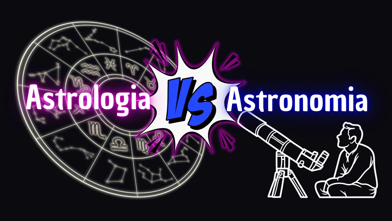 Imagem representando a diferença entre astronomia e astrologia: de um lado, o símbolo da astrologia, e do outro, uma pessoa observando o céu com um telescópio, rodeada por estrelas e corpos celestes, ilustrando a prática da astronomia