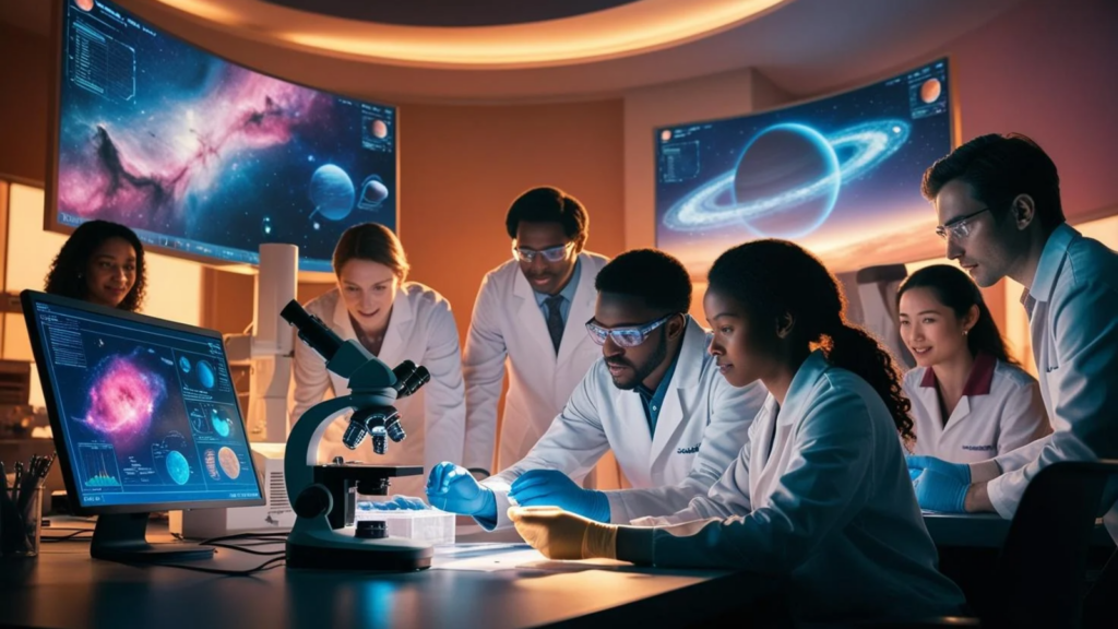 Representação artística de um grupo de cientistas em um laboratório de alta tecnologia, trabalhando em um projeto de astrobiologia. Ao fundo, monitores exibem dados e imagens de planetas, ilustrando a pesquisa sobre vida extraterrestre e condições habitáveis em outros mundos.