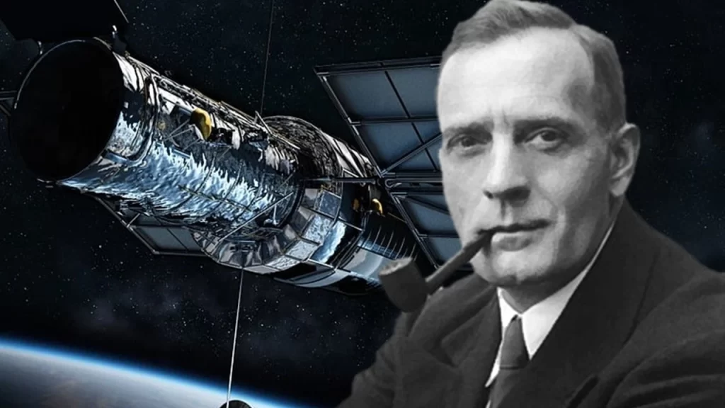 Montagem artística de Edwin Hubble ao lado do Telescópio Espacial Hubble. A imagem simboliza sua enorme contribuição para a astronomia, conectando sua figura histórica com o observatório que leva seu nome e revolucionou a compreensão do universo.