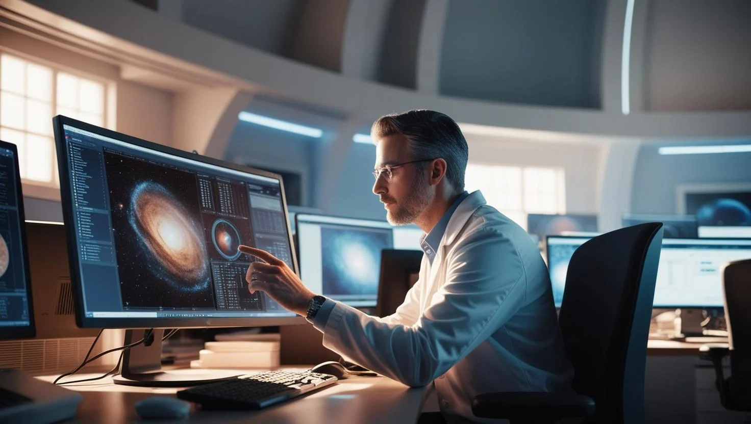 Homem maduro, de aproximadamente 40 anos e cabelos grisalhos, em um ambiente de alta tecnologia, tocando na tela do computador all-in-one enquanto estuda dados de galáxias, representando o contexto de 'faculdade de astronomia'