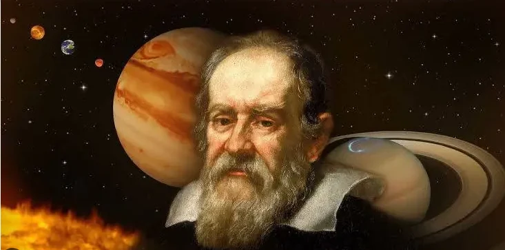Retrato artístico de Galileu Galilei com olhar sério, enquanto atrás dele estão os planetas do Sistema Solar, com destaque para o planeta Júpiter. A imagem captura a importância histórica de Galileu como o astrônomo que desafiou as visões tradicionais sobre o cosmos, com sua descoberta de Júpiter e suas luas
