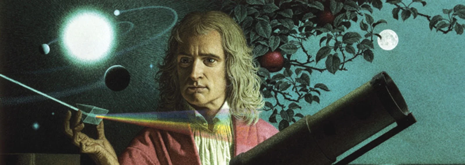 Representação artística de Isaac Newton segurando um prisma, com luz solar incidindo sobre ele e criando um arco-íris. Ao fundo, uma árvore com maçãs e, mais distantes, uma visão do sistema solar. Newton está de frente para um telescópio, vestindo uma camisa branca e um casaco rosa, ilustrando sua contribuição para a compreensão da luz e das leis da física.