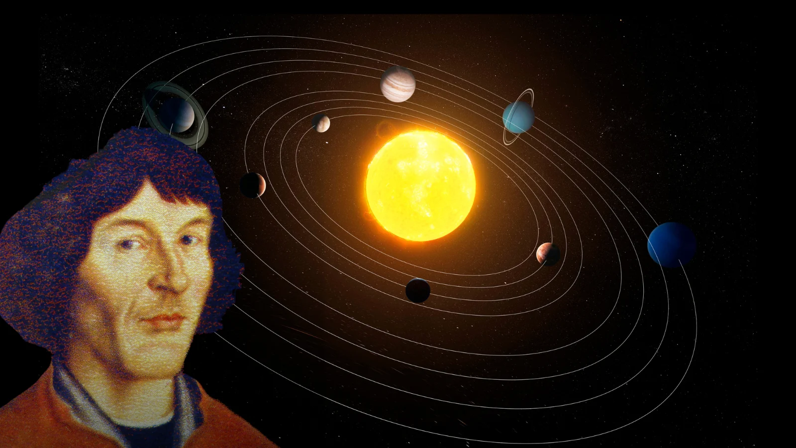 Ilustração de Nicolau Copérnico com o Sistema Solar ao fundo. O astrônomo renascentista é retratado com vestes históricas, segurando um manuscrito ou um instrumento astronômico. Atrás dele, o modelo heliocêntrico do Sistema Solar destaca o Sol ao centro, com os planetas orbitando ao seu redor, simbolizando sua revolucionária teoria.