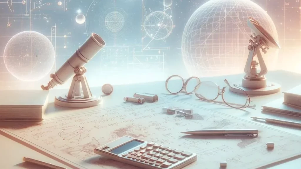 Ambiente clean e tecnológico com elementos vintage, incluindo um telescópio sobre a mesa, dados digitais na parede sobre cálculos de física e foguetes, e objetos como óculos, binóculos, caneta e calculadora espalhados pela mesa, refletindo o ambiente de um astrofísico.