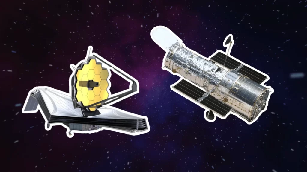 Montagem comparativa de telescópios espaciais. À esquerda, o Telescópio Espacial James Webb, com seu grande espelho segmentado dourado e protetor solar em camadas. À direita, o Telescópio Espacial Hubble, com seu design cilíndrico prateado e painéis solares. A imagem destaca as diferenças entre esses dois observatórios icônicos que revolucionaram nossa compreensão do universo.
