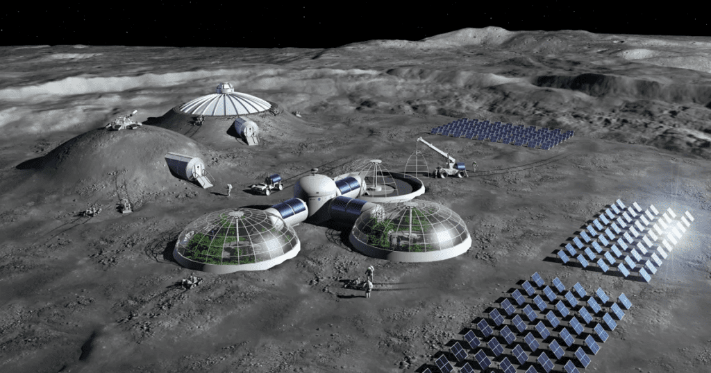 base lunar futurística na Lua, com astronautas trabalhando em campos de plantação localizados em domos de vidro, protegendo as culturas do ambiente hostil. Ao fundo, painéis solares geram energia para a estação, enquanto veículos de transporte lunar se movem ao redor da base, criando um cenário de habitação e agricultura autossustentável no espaço. A imagem reflete a visão de uma colônia humana na Lua, mostrando inovação e adaptação à vida fora da Terra.