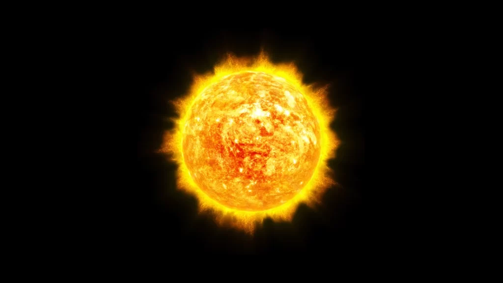 Ilustração do Sol, um dos corpos celestes do sistema solar, emitindo intensa luz e calor. A imagem mostra o Sol com uma superfície vibrante, cheia de manchas solares e energia irradiando em todas as direções, criando uma aura brilhante. O fundo é um céu negro, destacando a grandeza e o poder do Sol em contraste com o espaço ao redor. ele faz parte dos Corpos Celestes