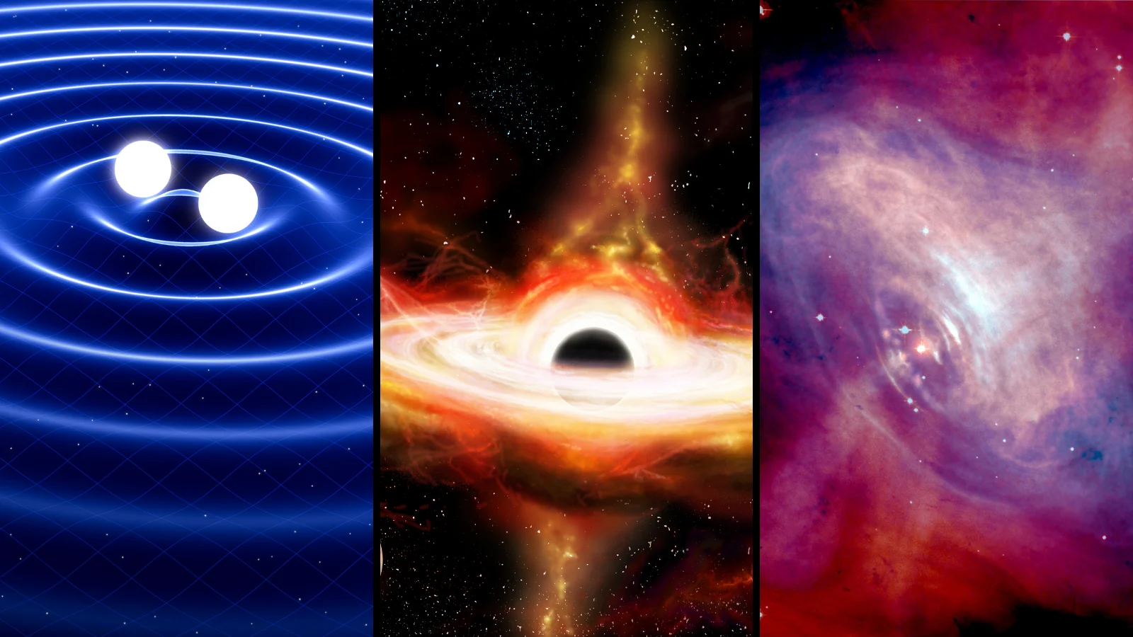 Representação de fenômenos cósmicos poderosos: explosões estelares, ondas gravitacionais e um buraco negro, eventos astronômicos que transformam o universo e alteram sua estrutura e dinâmica.