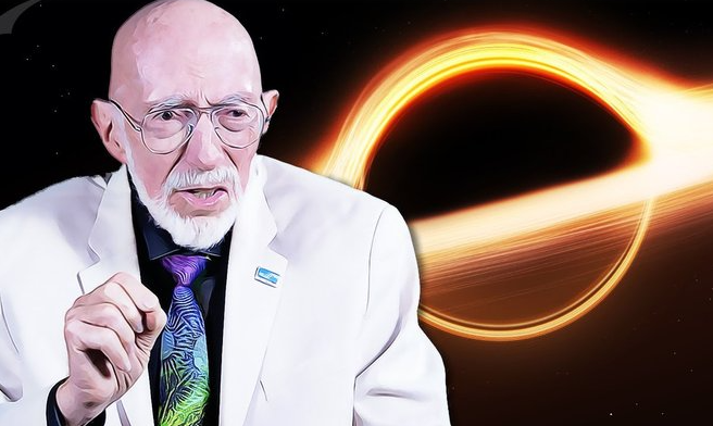 Kip Thorne, explicando sobre buraco negro, vestindo um terno branco e gravata colorida. Ao fundo, um quadro com a ilustração de um buraco negro, representando um dos temas centrais de sua pesquisa científica.