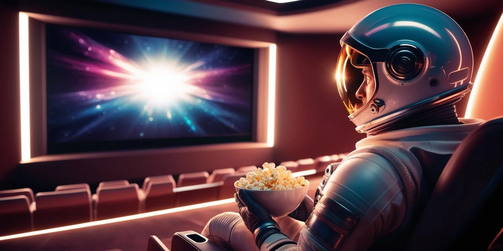 Um astronauta no de cinema vendo Os melhores filmes de astronomia, com o corpo voltado para a tela. Ele segura uma tigela de pipoca e está olhando fixamente para o filme, com o reflexo da tela visível no visor do capacete. O cenário ao fundo mostra uma tela grande de cinema, e a luz suave ilumina seu rosto. O ambiente tem um toque futurista, com o traje espacial do astronauta detalhado e moderno.