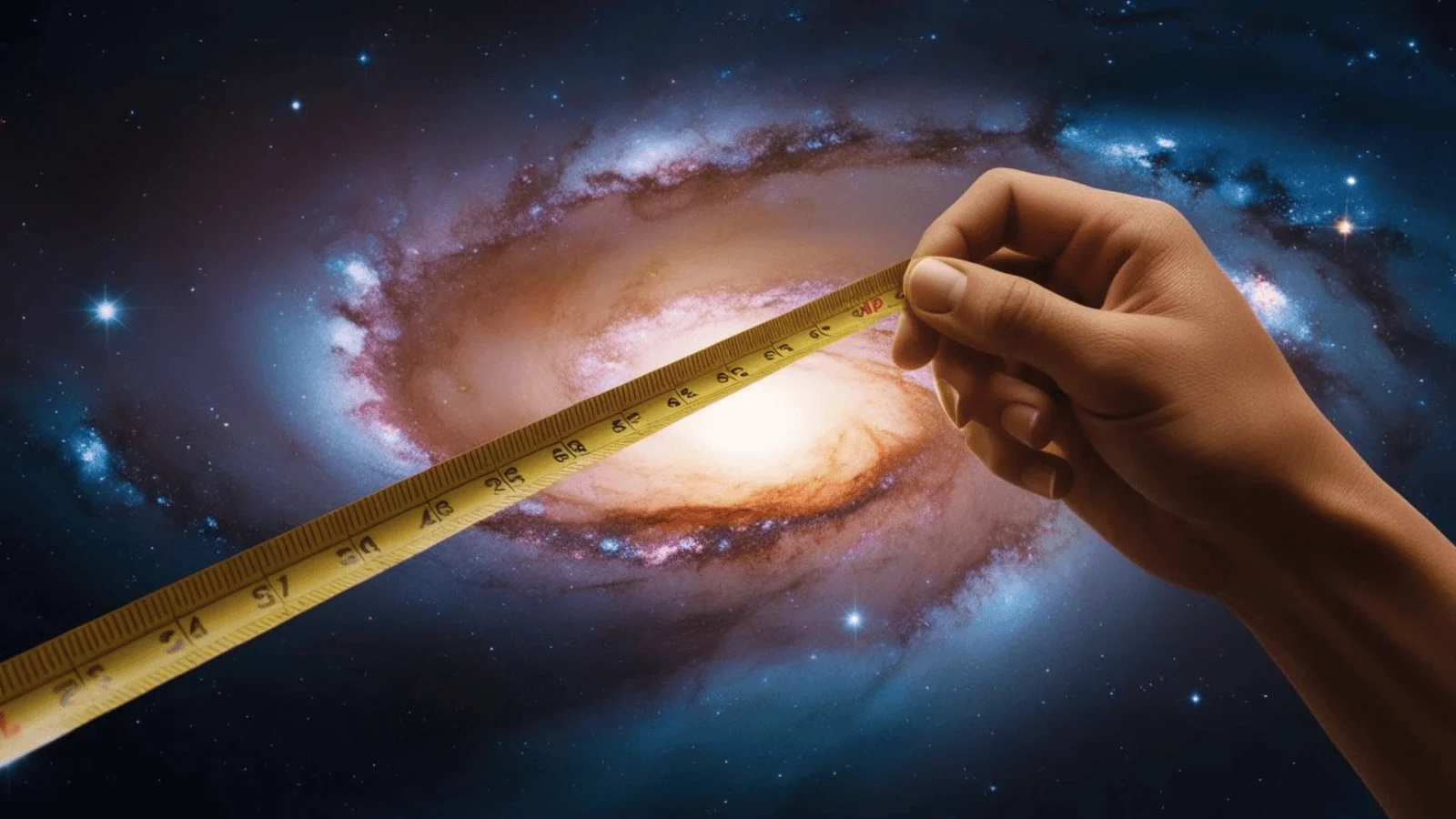 Ilustração de uma trena gigante medindo uma galáxia, explicando o conceito de parsec. O parsec é uma unidade de medida usada para calcular grandes distâncias no espaço, como entre estrelas e galáxias