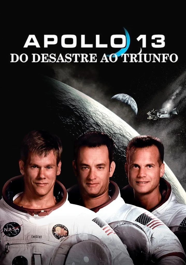 Pôster do filme Apollo 13, mostrando três astronautas em trajes espaciais fazendo uma pose, lado a lado. Ao fundo, a curvatura da Lua e uma nave espacial são visíveis, capturando a imensidão do espaço e o espírito de equipe da missão histórica. Melhores filmes de astronomia.
