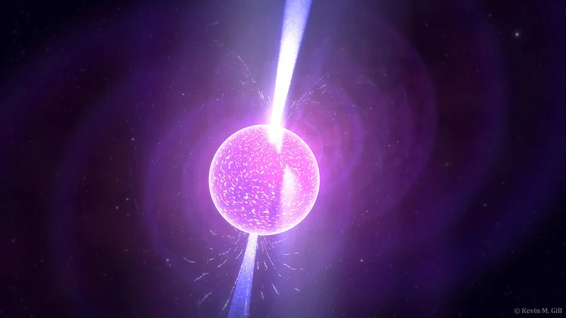 Representação gráfica de um pulsar, uma estrela de nêutrons altamente magnetizada que emite radiação em feixes. No contexto da astronomia, os pulsares são fontes de radiação periódica, comumente usadas para estudar fenômenos cósmicos