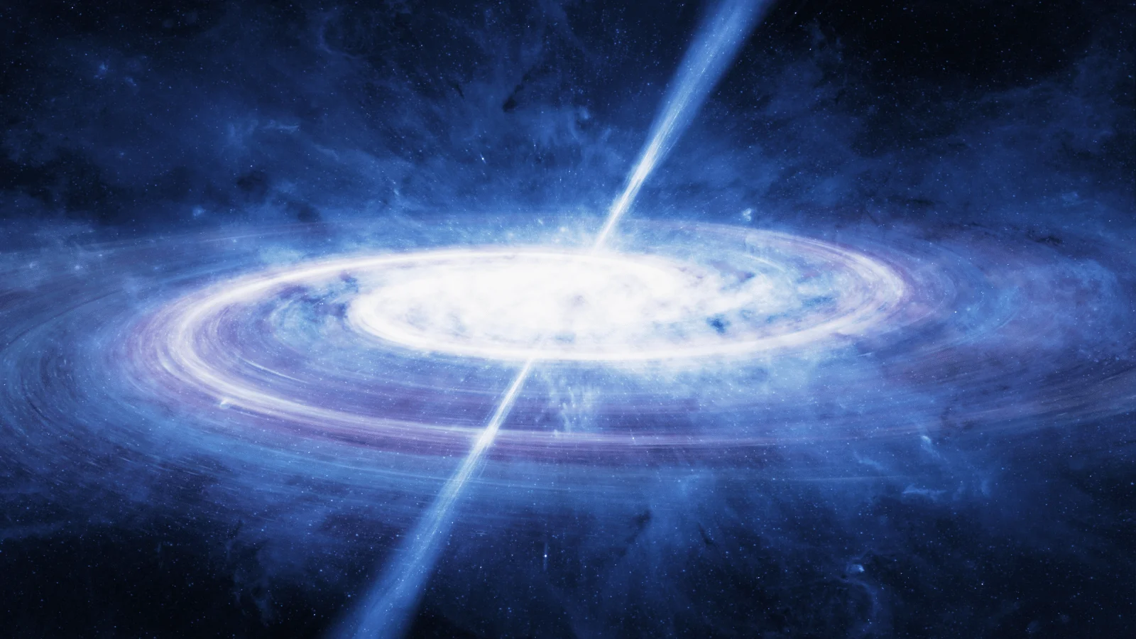 Representação artística de um quasar na astronomia visto de perto, com seu núcleo imponente brilhando em tons de azul, emitindo uma radiação intensa que ilumina vastas áreas do espaço ao seu redor.
