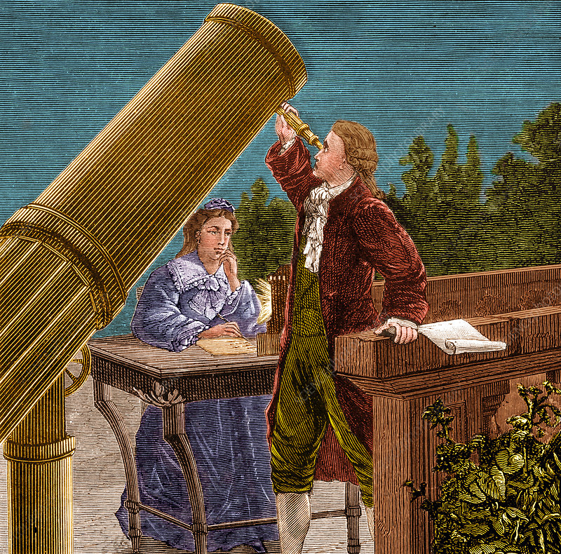 "Pintura de William e Caroline Herschel, astrônomos alemães. William Herschel está retratado com um grande telescópio, em uma postura concentrada, enquanto Caroline está ao seu lado, observando atentamente. Ambos estão vestidos com roupas da época, com William usando um traje de tom escuro e Caroline um vestido longo. O cenário ao fundo remete ao ambiente de observação astronômica do século XVIII.