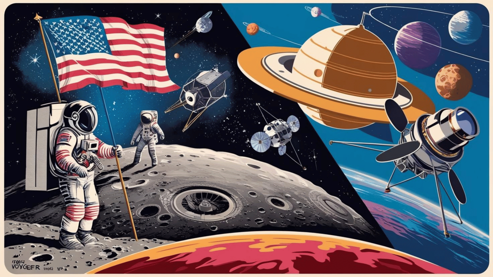 Uma grande Representação artística de missões espaciais famosas, mostrando a Apollo 11, o Sputnik e representações dos planetas Terra, Lua, Marte e Saturno. A imagem destaca marcos importantes da exploração espacial e os corpos celestes relacionados a essas missões.