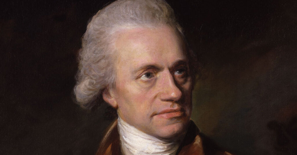 Retrato de William Herschel, com cabelos brancos e uma expressão pensativa. Ele está usando uma roupa da época, de tom marrom, típica do século XVIII, com um colete e uma camisa de colarinho alto. Seu olhar é sério e expressivo