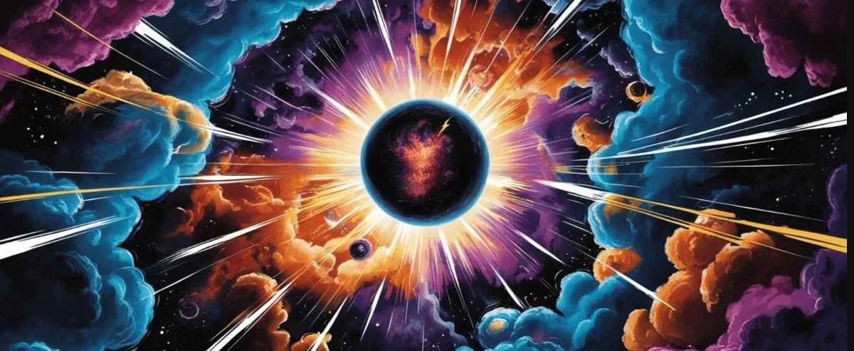 Ilustração artística vibrante representando o Big Bang, com uma explosão de cores fortes como vermelho, azul, roxo e amarelo, simbolizando a liberação de energia e a criação do universo. As cores fluem para fora em padrões dinâmicos, representando os elementos do universo se formando e se espalhando, refletindo a diversidade de matérias e energias no cosmos.