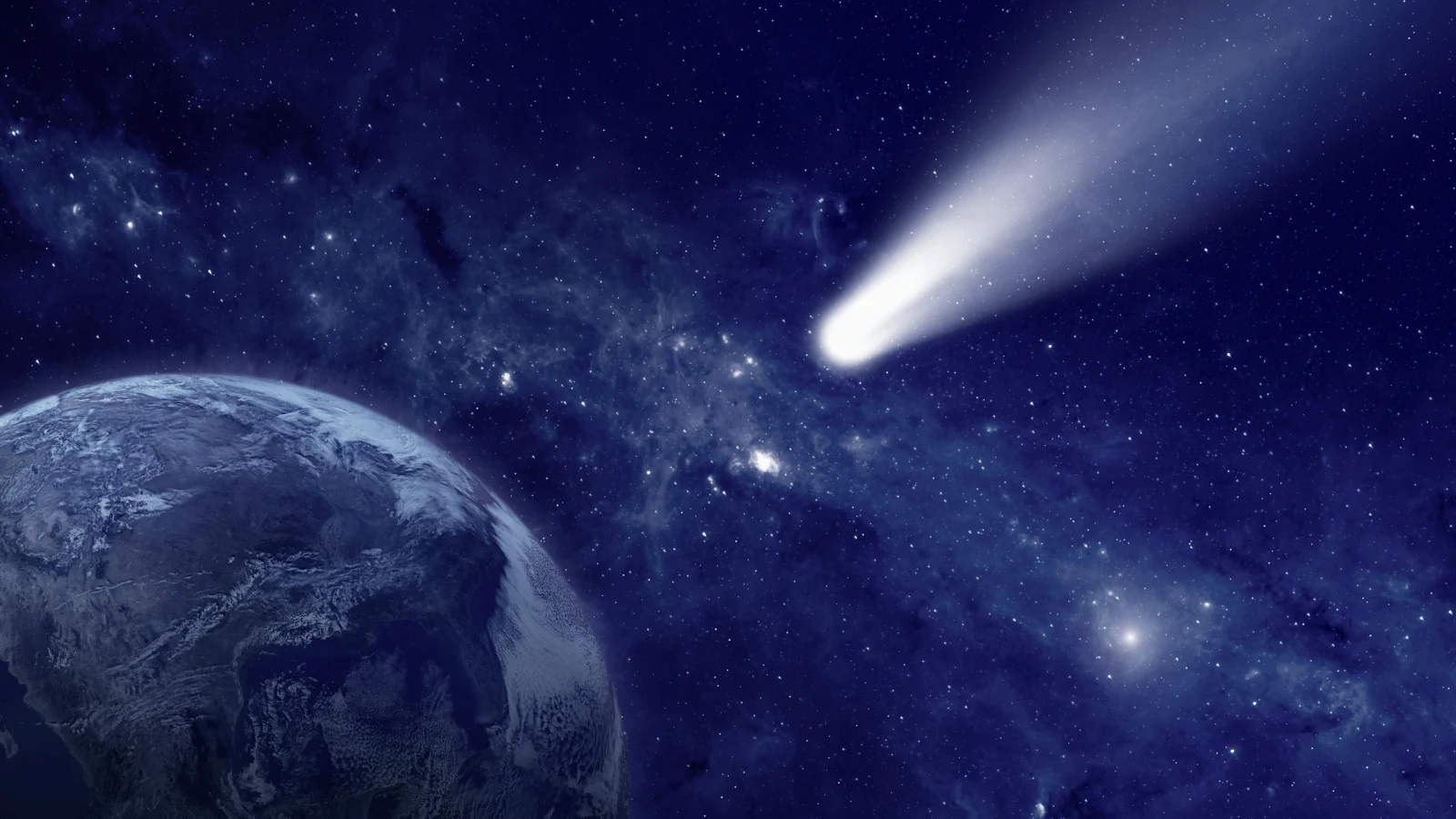 Representação artística de um cometa, um corpo celeste, passando próximo à Terra. O cometa é mostrado com uma cauda brilhante e nebulosa, formada por gases e poeira, se estendendo atrás dele enquanto viaja pelo espaço. O fundo mostra a Terra em sua órbita, com o cometa visivelmente se aproximando, iluminado pela luz do Sol, criando um contraste impressionante no céu escuro do espaço.