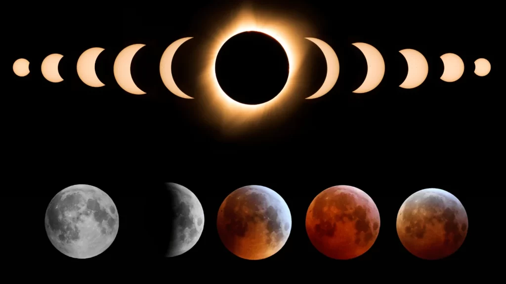 Montagem ilustrando a diferença entre os eclipses solares e lunares. À esquerda, o eclipse solar é representado com os três tipos: total, parcial e anular, mostrando a cobertura da Lua sobre o Sol em diferentes formas. À direita, o eclipse lunar é mostrado em suas três variações: total, parcial e penumbral, com a Terra projetando sua sombra na Lua de maneiras distintas. A imagem destaca como esses fenômenos celestes acontecem de forma diferente e como são visíveis de diversas partes do planeta.