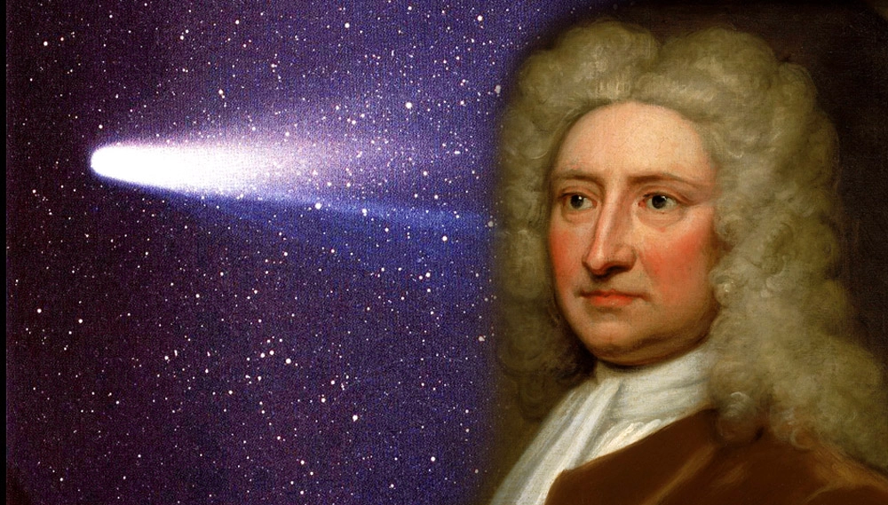 Edmond Halley, de perfil, com cabelo grande e encaracolado, usando roupas da época. Ao fundo, uma montagem do cometa Halley, que recebeu seu nome após Halley ter comprovado que o cometa segue uma órbita previsível. A imagem ilustra sua conexão com a astronomia e a descoberta histórica.