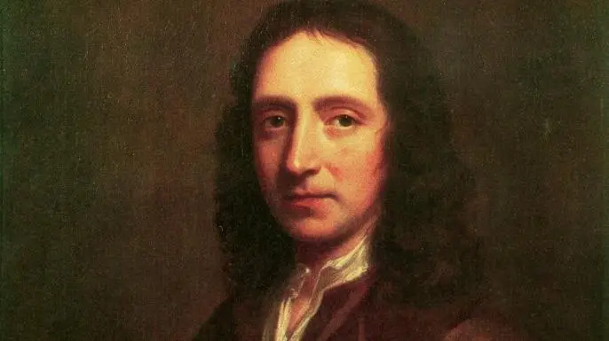 Edmond Halley, usando roupas da época, com cabelo grande e encaracolado. Ele está de perfil, com uma expressão séria, refletindo seu papel como um dos grandes astrônomos e cientistas da história.