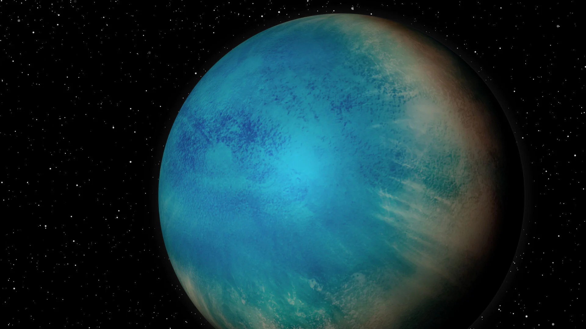 Representação artística de um exoplaneta azul e branco. Esse exoplaneta, com características semelhantes à Terra, pode estar localizado na zona habitável, oferecendo condições favoráveis à vida.