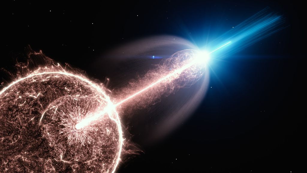Explosão de raios gama sendo ejetada no espaço, liberando uma imensa quantidade de energia para o universo. Este fenômeno cósmico, uma das explosões mais poderosas observadas no cosmos, ocorre quando estrelas massivas colapsam ou quando buracos negros se alimentam de matéria, gerando radiação extremamente intensa que ecoa por grandes distâncias no espaço.